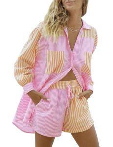 safrisior women’s 2 piece casual tracksuit outfit sets stripe long sleeve shirt and loose high waisted mini shorts set (medium, pink&yellow, m)