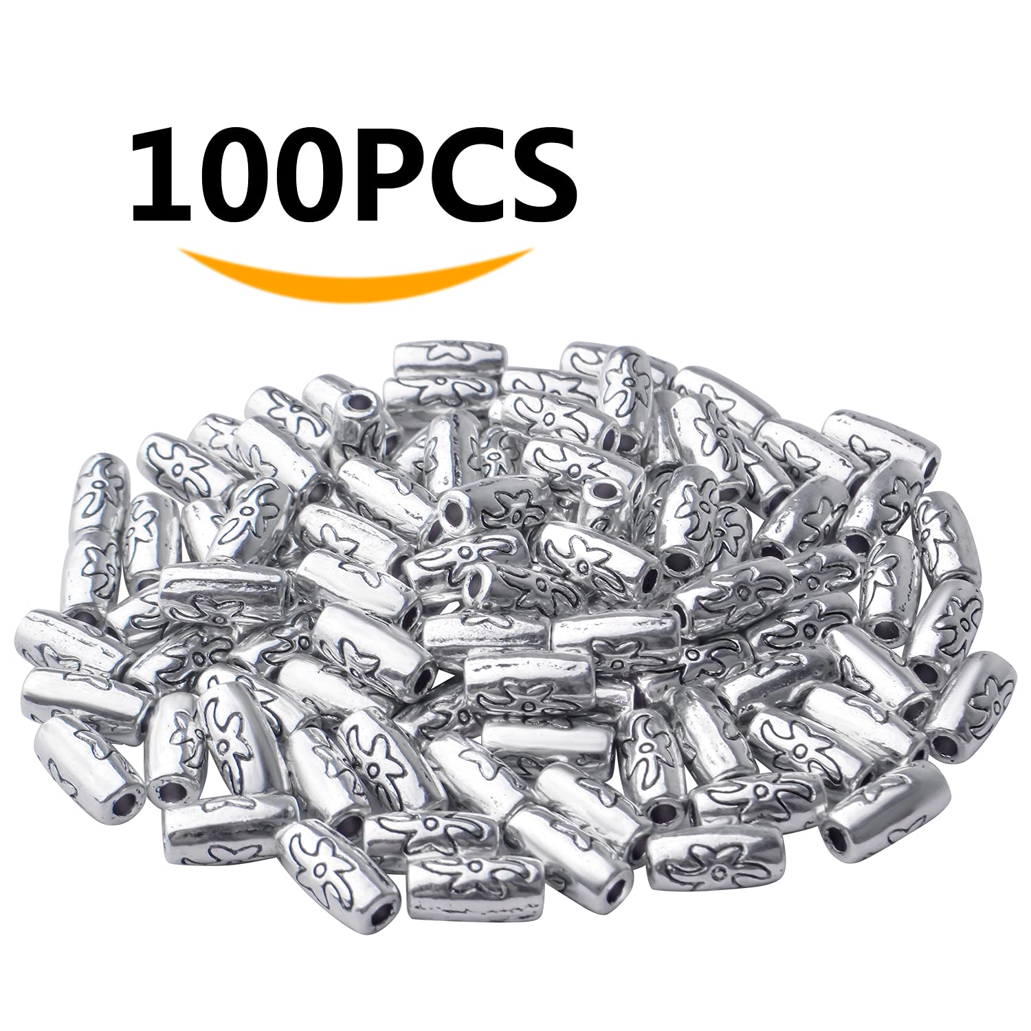 BronaGrand 100pcs Spacers Beads Tibetan Antique Silver Column Spacer Beads Alloy Tube Beads Loose Bead Spacers Charm Beads for DIY Jewelry Crafts Making Finding