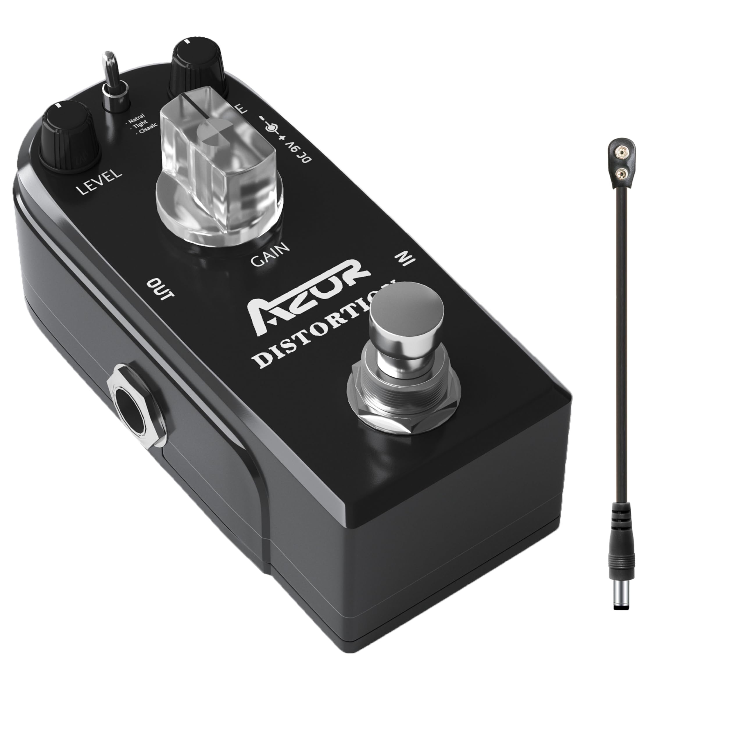 AZOR Distortion Guitar Effect Pedal 3 Modes Natural, Tight, Classic with Guitar Pedal Power Cable,9V Battery Clip Converter Power Cable