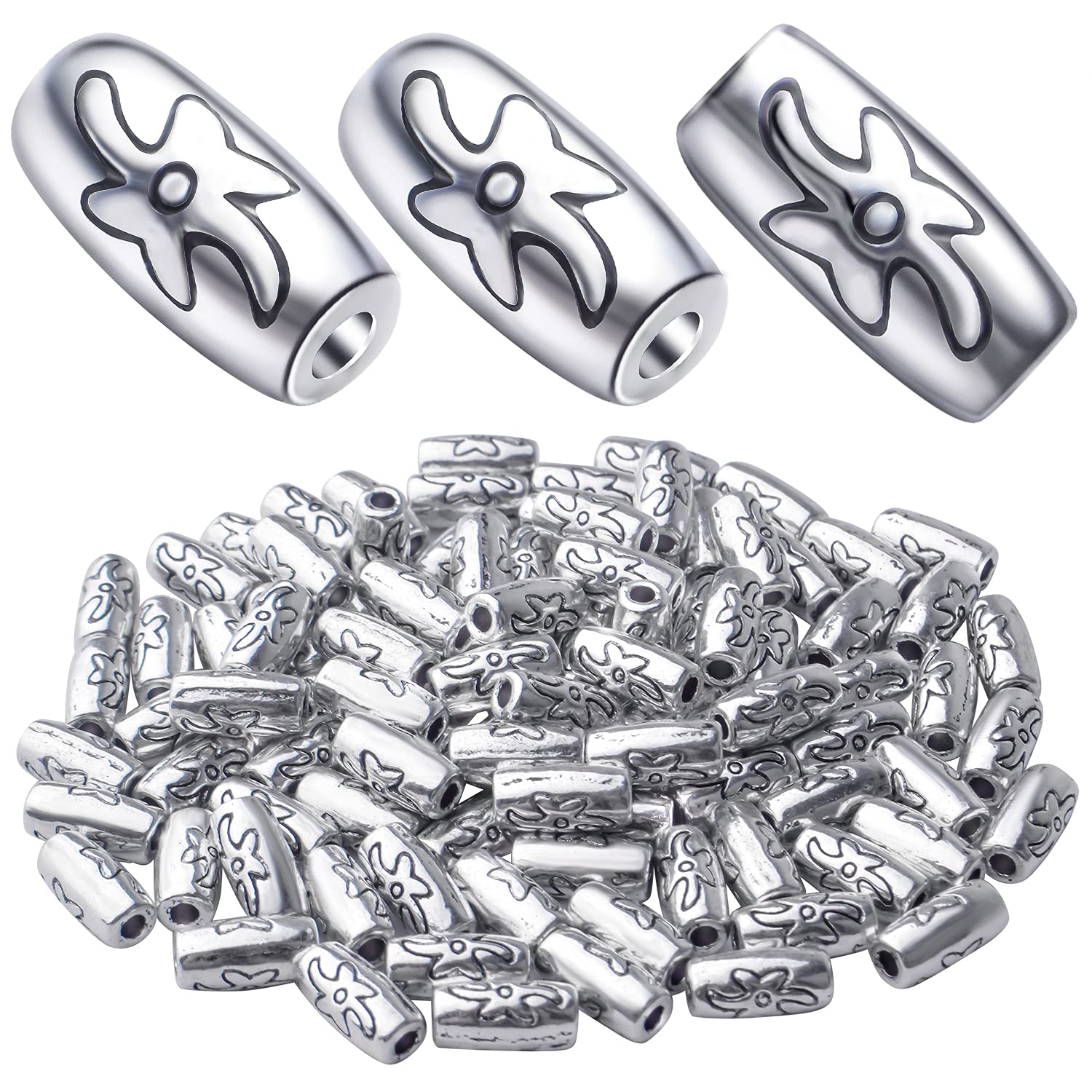 BronaGrand 100pcs Spacers Beads Tibetan Antique Silver Column Spacer Beads Alloy Tube Beads Loose Bead Spacers Charm Beads for DIY Jewelry Crafts Making Finding