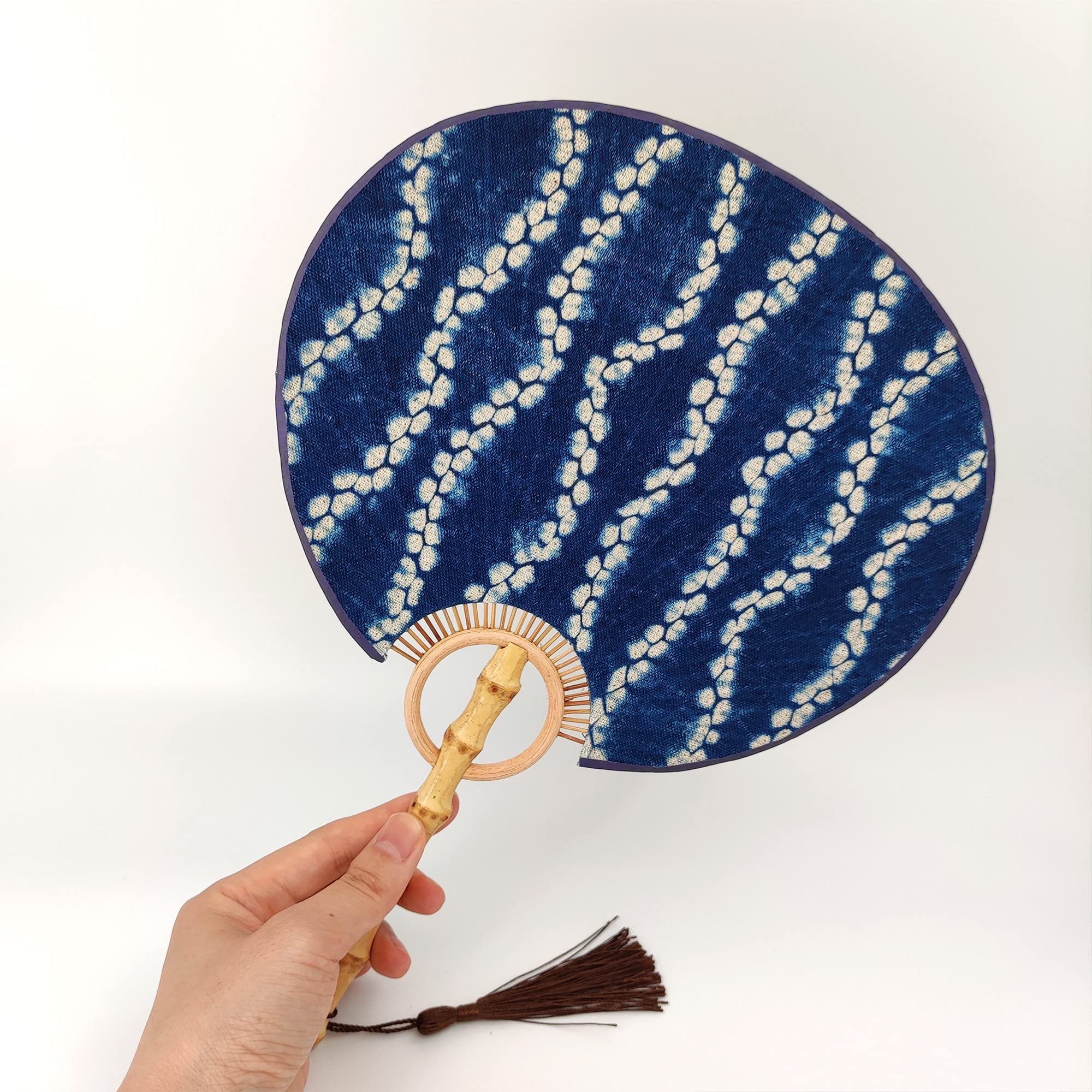 Handmade Bamboo Paddle Fan, Natural Tie-dye Cotton Hand Held Fan, Chinese Ancient Round Fans for Women