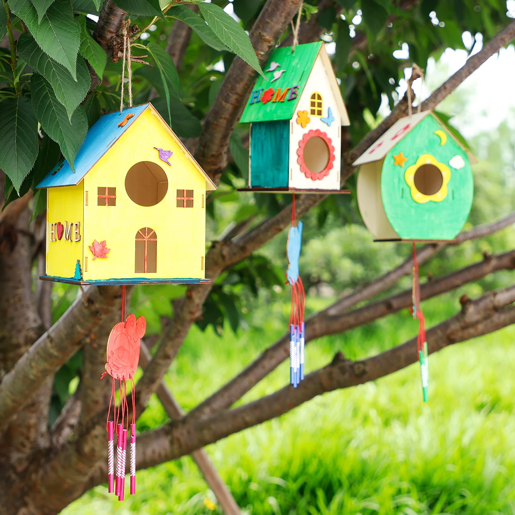 Lifynste 3 Pack Bird Houses for Outside, DIY Bird House Wind Chime Kit, Bird House Kits for Children to Build, Wooden Bird Houses to Paint, Wooden Craft Kits for Kids Girls Boys Toddlers