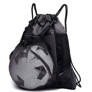 kaegreel drawstring soccer bag for boys, foldable basketball backpack gym bag sackpack sports sack with detachable ball mesh bag for volleyball baseball yoga, grey