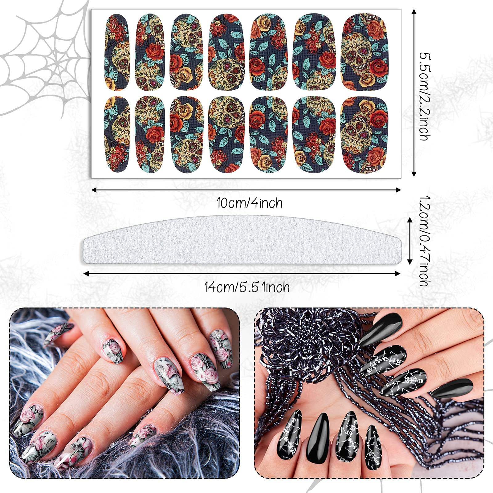 Maitys 168 Pieces Halloween Skull Full Wrap Nail Stickers DIY Gothic Nail Polish Strips Stickers Self Adhesive Full Wraps with Nail File for Halloween Party Decor(Skeleton Style)