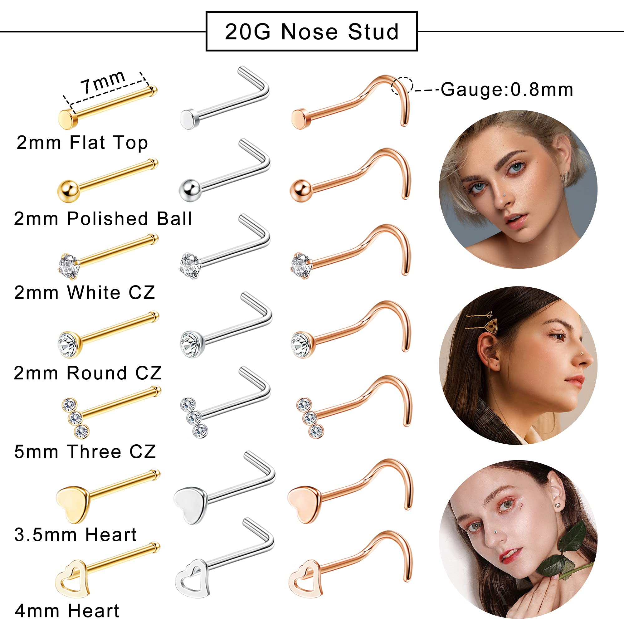 Drperfect 36Pcs 20G Nose Rings Hoop L Shape Screw Bone Nose Studs Stainless Steel Nose Rings Nostril Piercing Jewelry Silver Gold Rose Gold Tone Set Body Jewelry for Women Men