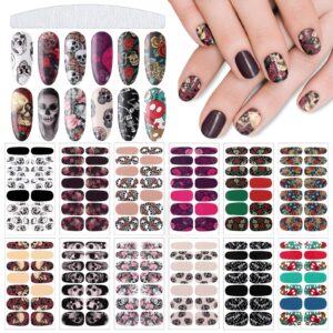 Maitys 168 Pieces Halloween Skull Full Wrap Nail Stickers DIY Gothic Nail Polish Strips Stickers Self Adhesive Full Wraps with Nail File for Halloween Party Decor(Skeleton Style)