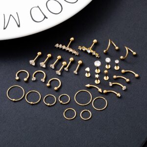 REVOLIA 32Pcs Stainless Steel Cartilage Stud Earrings for Women Conch Helix Tragus Daith Conch Hoop Earing Piercing Jewelry Set Gold