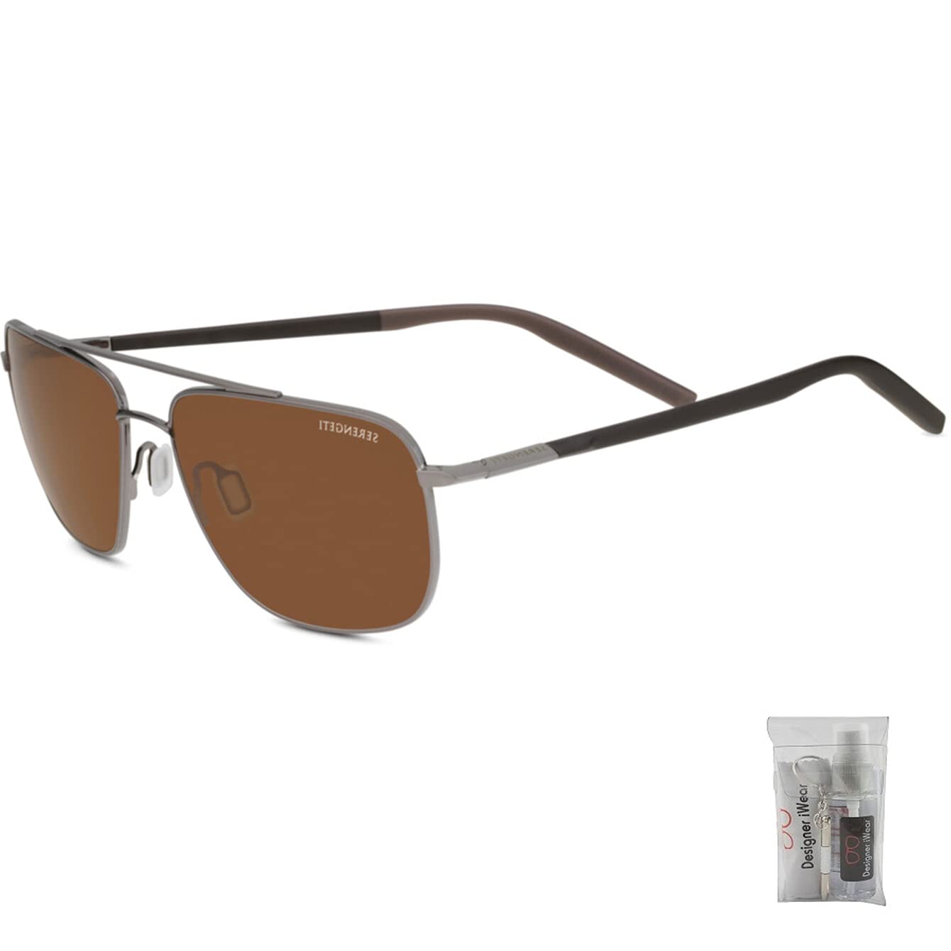 Serengeti Tellaro 8821 60 MM Shiny Gunmetal with Dark Brown Inside Temple Tips/Mineral Polarized Drivers Cat 2 to 3 Rectangular Sunglasses for Men + BUNDLE with Designer iWear Eyewear Kit