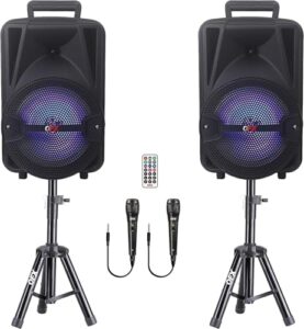 qfx pbx-800tws 8-inch tws bluetooth stereo pa system with 2 8" speakers, 2 microphones, 2 stands, and a remote control