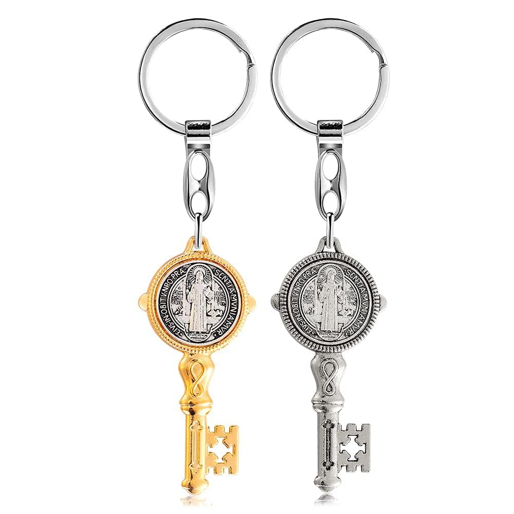 OEMOO 2Pcs Saint Benedict Medal Keychain, Silver/Gold Toned Saint Benedict Jubilee Medal Key Shaped Pendant Key Chain, Fine Detail Great Gift for Family Friend