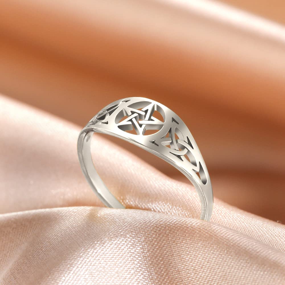 Amaxer Pentacle Pentagram Star Irish Celtic Triquetra Triangle Trinity Knot Finger Ring Stainless Steel Amulet Jewelry for Women (Silver, 7)