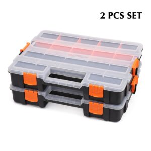 EMENTOL 2PCS Toolbox Organizer Sets, 20 Removable Dividers, Durable Plastic Box, Excellent for Screws, Nuts, Small Parts, 34-Compartment, Black/Orange, 2 Pieces Set