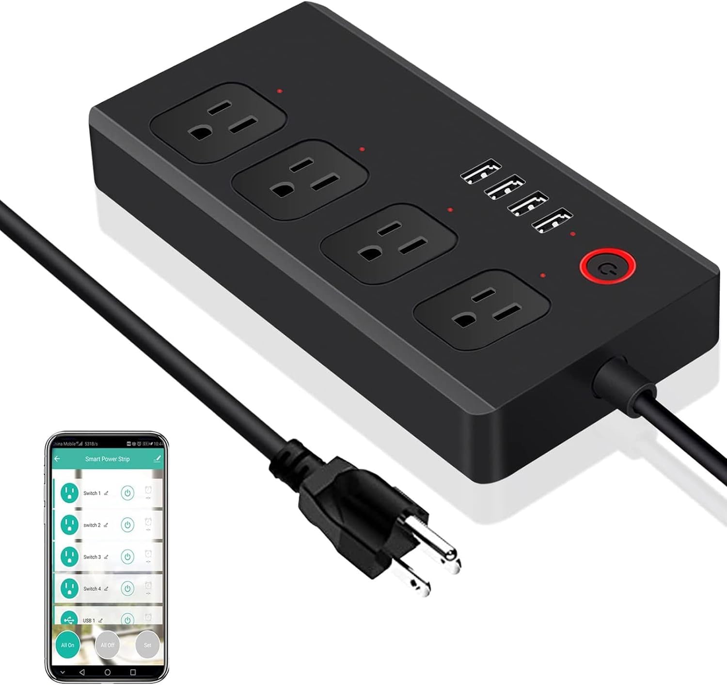 XENON Smart Power Strip - Surge Protector with 4 Individually Controlled AC outlets and 4 USB Ports,Compatible with Alexa and Google Home,5ft Extension Cord,No Hub Required,ETL Listed,10A