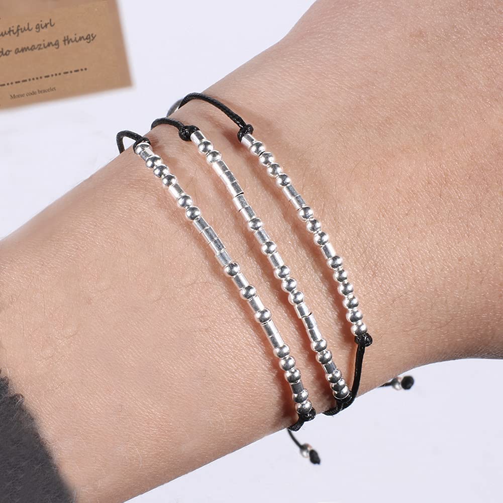 OBSUN Morse Code Bracelet Funny Gift for Women with Meaning Card Gift Card for Best Friend Couple Mom Family (I am fearless)