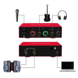 USB Audio Interface (Resolution 24Bit/DAC48 kHz/ADC96 kHz) 48V Phantom Power for Recording Podcasting and Streaming Compatible with MacOSX and Windows… (Red Audio Interface)