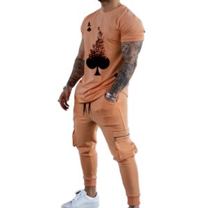 IWQBQ Men's Tracksuits T-shirt and Pants Set Outfit Two-piece Fitness Training Casual Sports Suits(L,Orange)