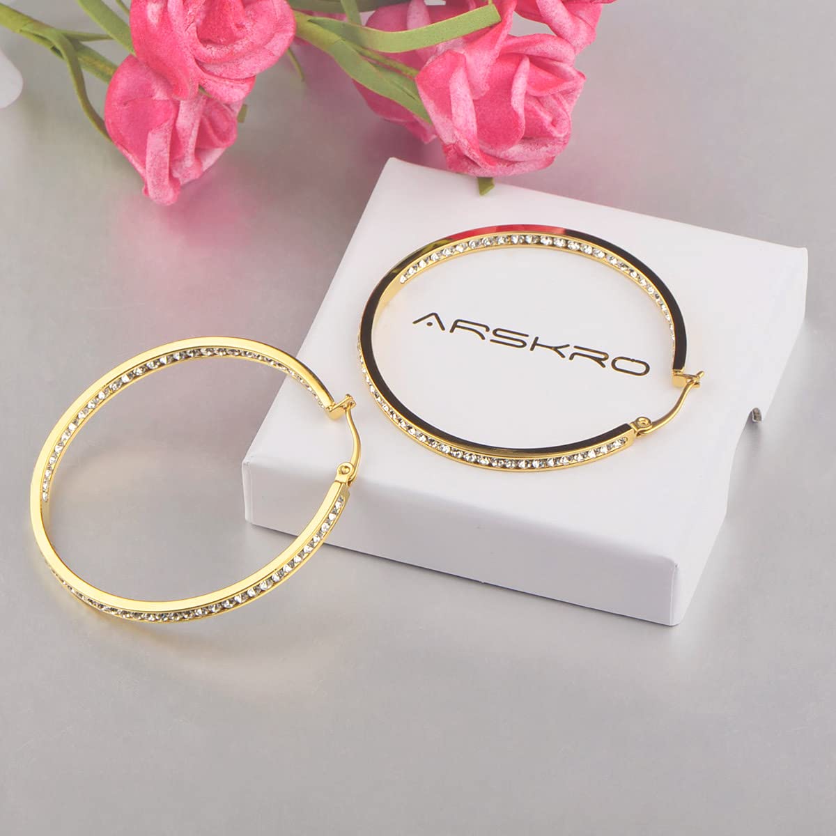 Large Gold Stainless Steel Hoop Earrings for Women, Big Cubic Zirconia Hoops ARSKRO Hypoallergenic Huge Rhinestone Crystal 50mm 2 inch Ear Ring Jewelry Gifts for Women Girlfriends Sensitive Ears