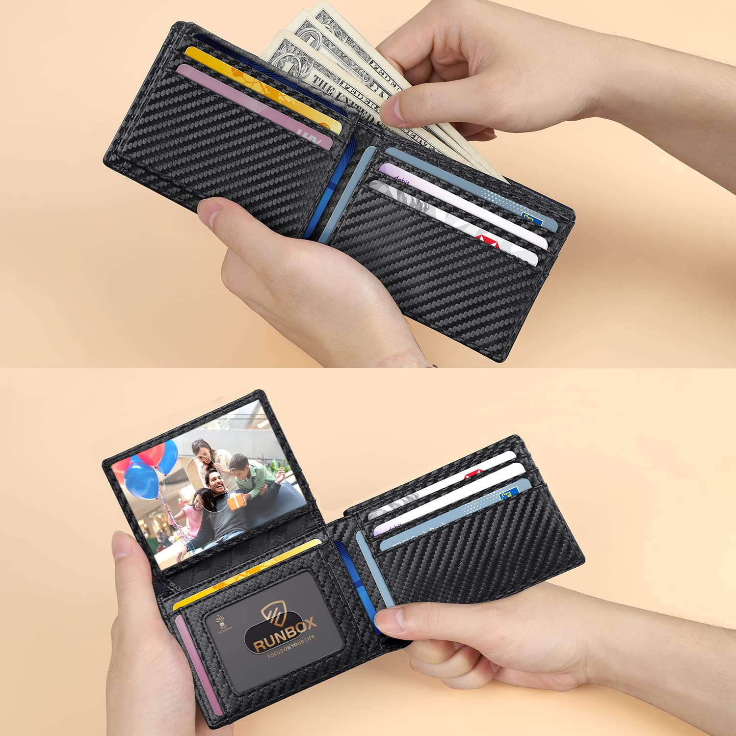 RUNBOX Gift for Men's Dad Leather Bifold RFID Blocking Wallet Slots with 2 ID Windows