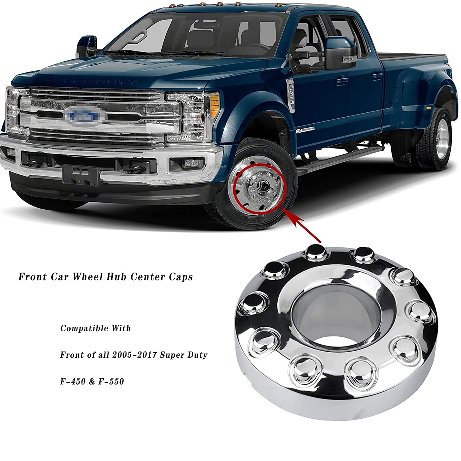 5C3Z1130NA Front 10 Lug Chrome Wheel Center Hub Cap Compatible with Ford F450 F550 Super Duty 2005‑2017, 4WD Front Wheel Center Caps