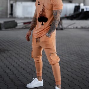 IWQBQ Men's Tracksuits T-shirt and Pants Set Outfit Two-piece Fitness Training Casual Sports Suits(L,Orange)