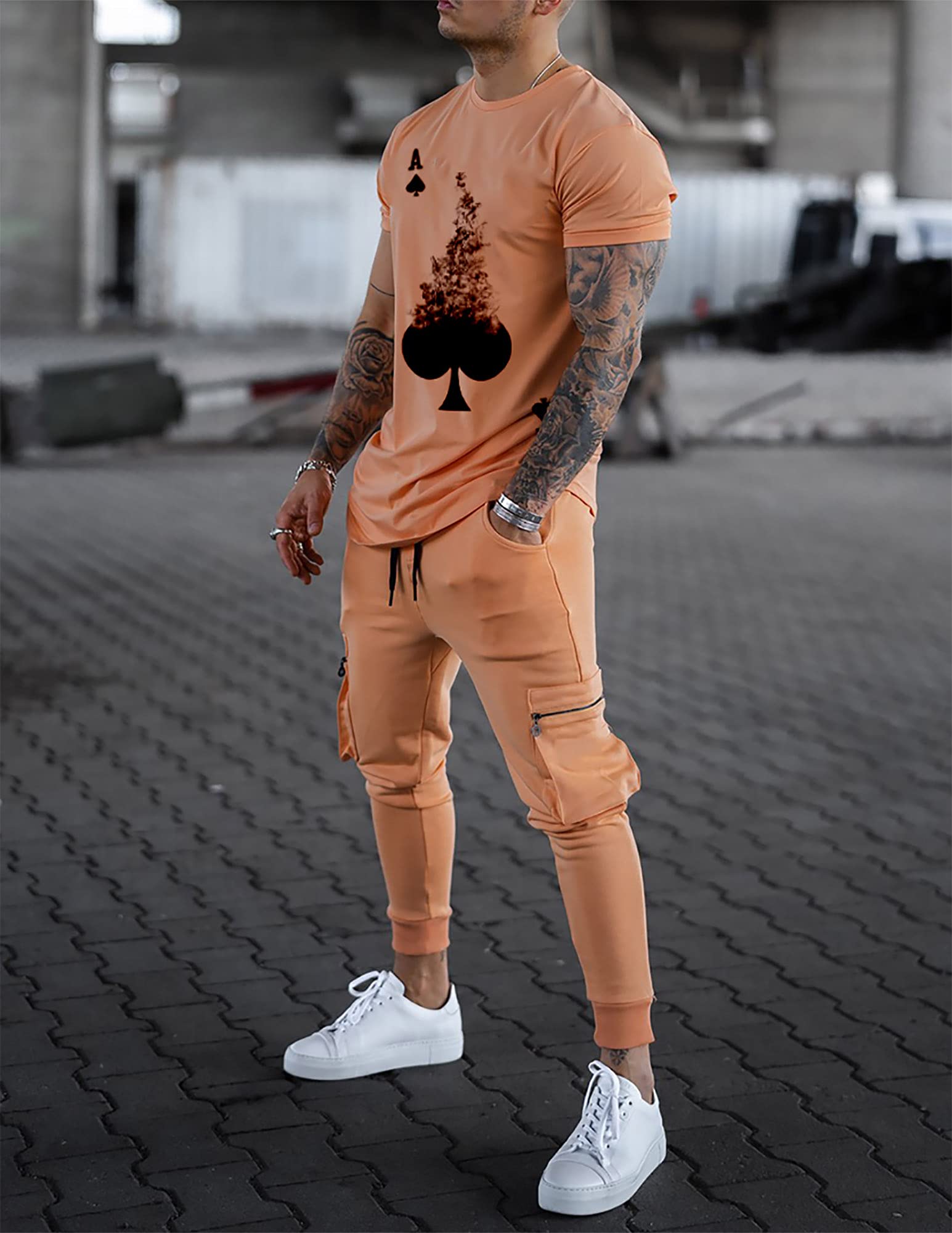 IWQBQ Men's Tracksuits T-shirt and Pants Set Outfit Two-piece Fitness Training Casual Sports Suits(L,Orange)