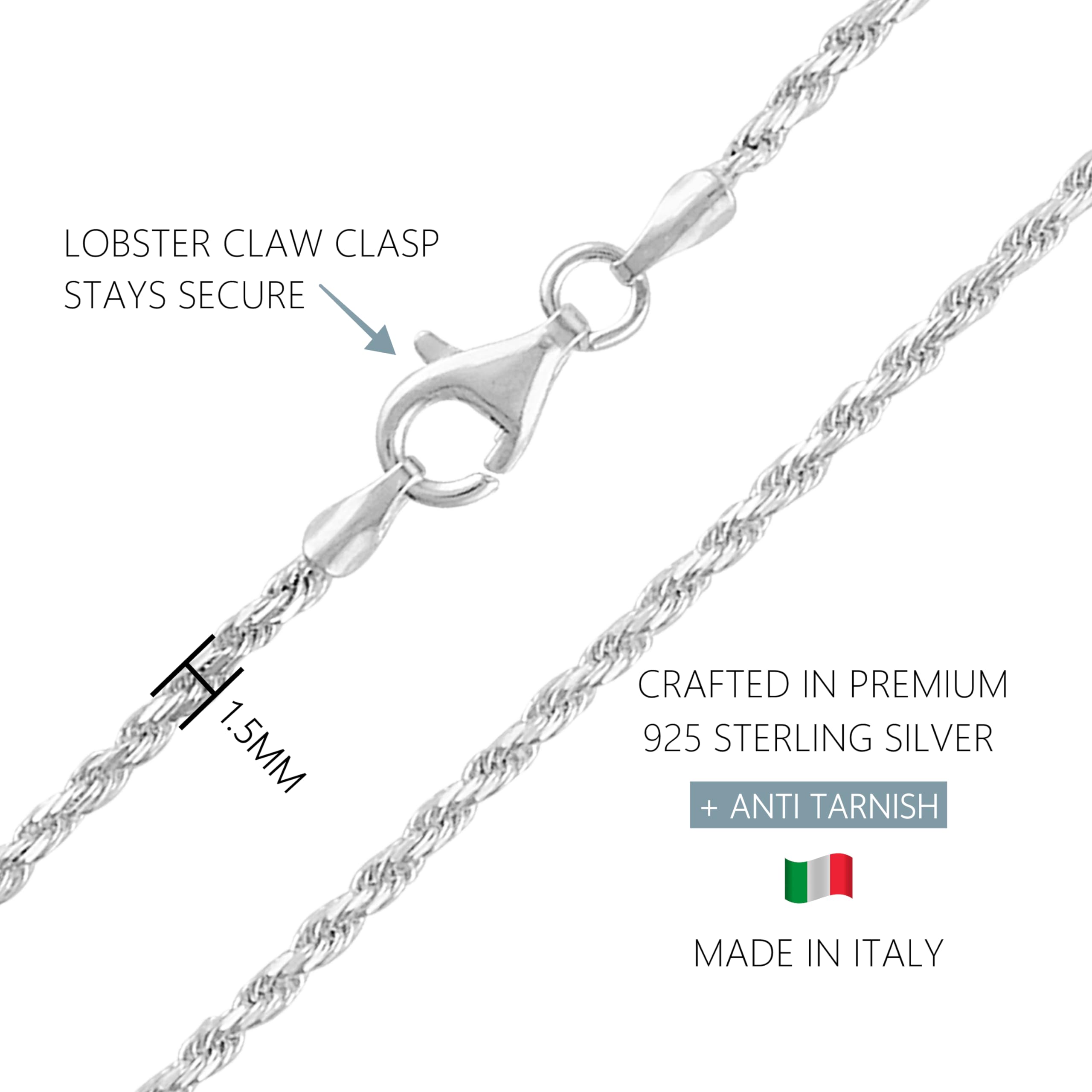 KISPER Solid 925 Sterling Silver Italian 1.6mm Diamond-Cut Twisted Braided Rope Link Chain Necklace for Men & Women with Lobster Clasp – Made in Italy, 20"