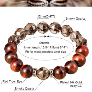 Jewever Natural Smoky Quartz Crystals with Red Tiger Eye Bracelets for Men Women Amulet Energy Healing Bring Wealth Prosperity Lucky Beads Jewelry Gifts Unisex