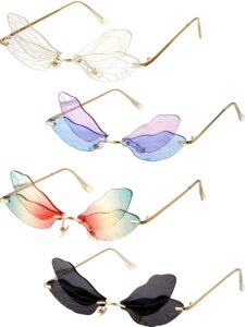 4 pairs dragonfly rimless sunglasses fairy frameless irregular vintage eyewear for women men party (cute colors)