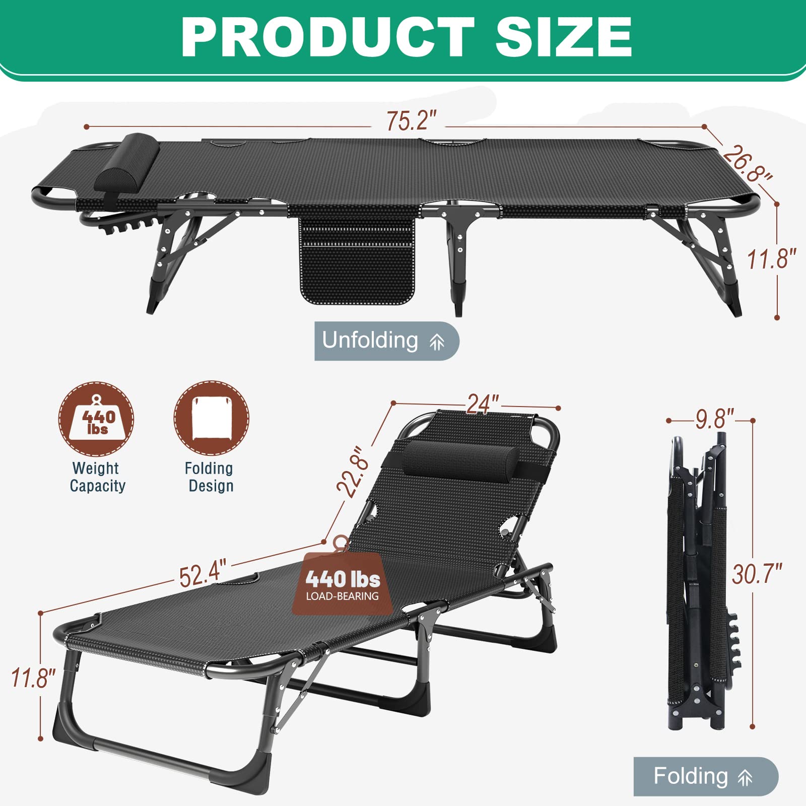 LILYPELLE Portable Folding Camping Cot, Adjustable 4-Position Adults Reclining Folding Chaise with Pillow, Outdoor Portable Folding Lounge Chair Sleeping Cots Bed for Camping, Pool, Beach, Patio