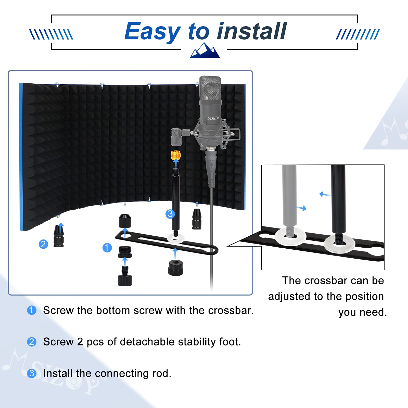 MSIZOY 5 Panel Foldable Microphone Isolation Shield with High Density Mic Sound Absorbing Foam Metal Shield for Sound Recording Studio Podcasts Gaming Singing and Broadcasting Equipment (Blue)