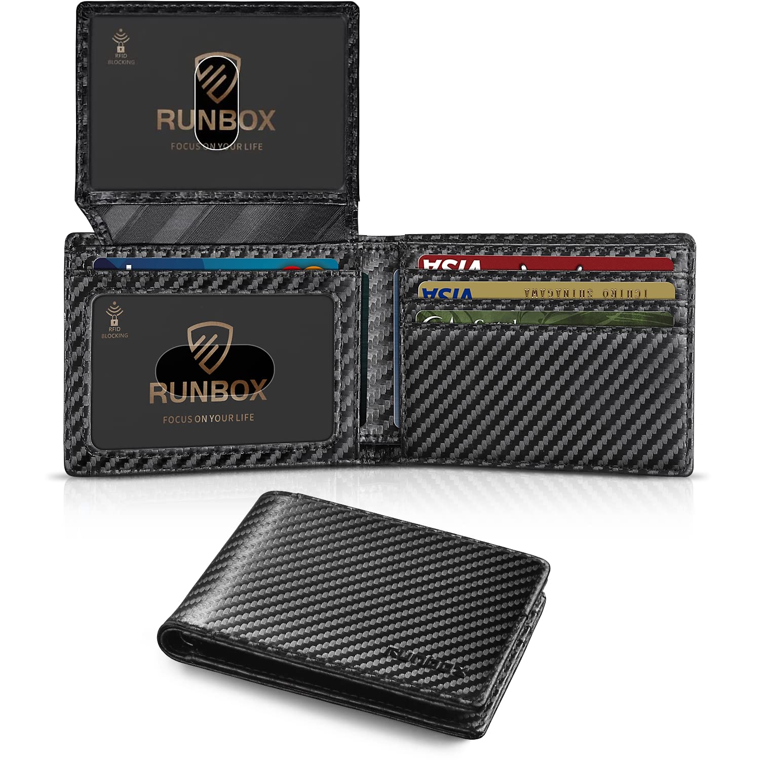 RUNBOX Gift for Men's Dad Leather Bifold RFID Blocking Wallet Slots with 2 ID Windows