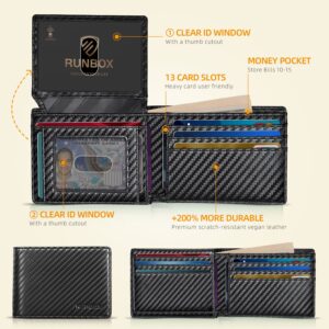 RUNBOX Gift for Men's Dad Leather Bifold RFID Blocking Wallet Slots with 2 ID Windows