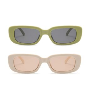 ENTHYI Rectangle Sunglasses for Women Retro 90s Sunglasses Small Narrow Square Frame UV400 Protection (Sand green + beige)