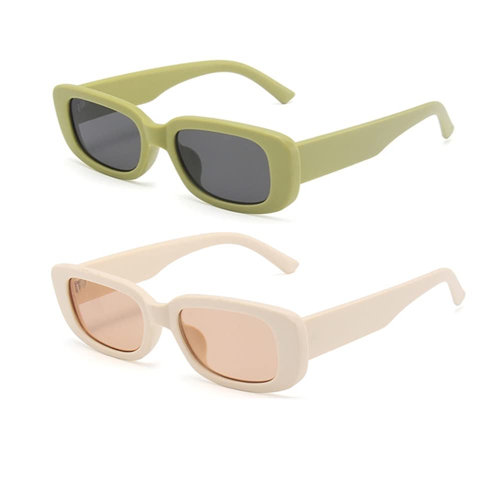 ENTHYI Rectangle Sunglasses for Women Retro 90s Sunglasses Small Narrow Square Frame UV400 Protection (Sand green + beige)