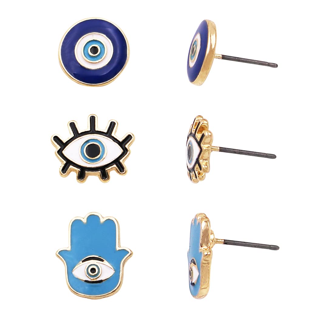 Rosemarie & Jubalee Women's Set of 3 Enamel Coated Protective Talisman Evil Eye Hamsa Post Back Stud Earrings (Blue)