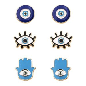 rosemarie & jubalee women's set of 3 enamel coated protective talisman evil eye hamsa post back stud earrings (blue)