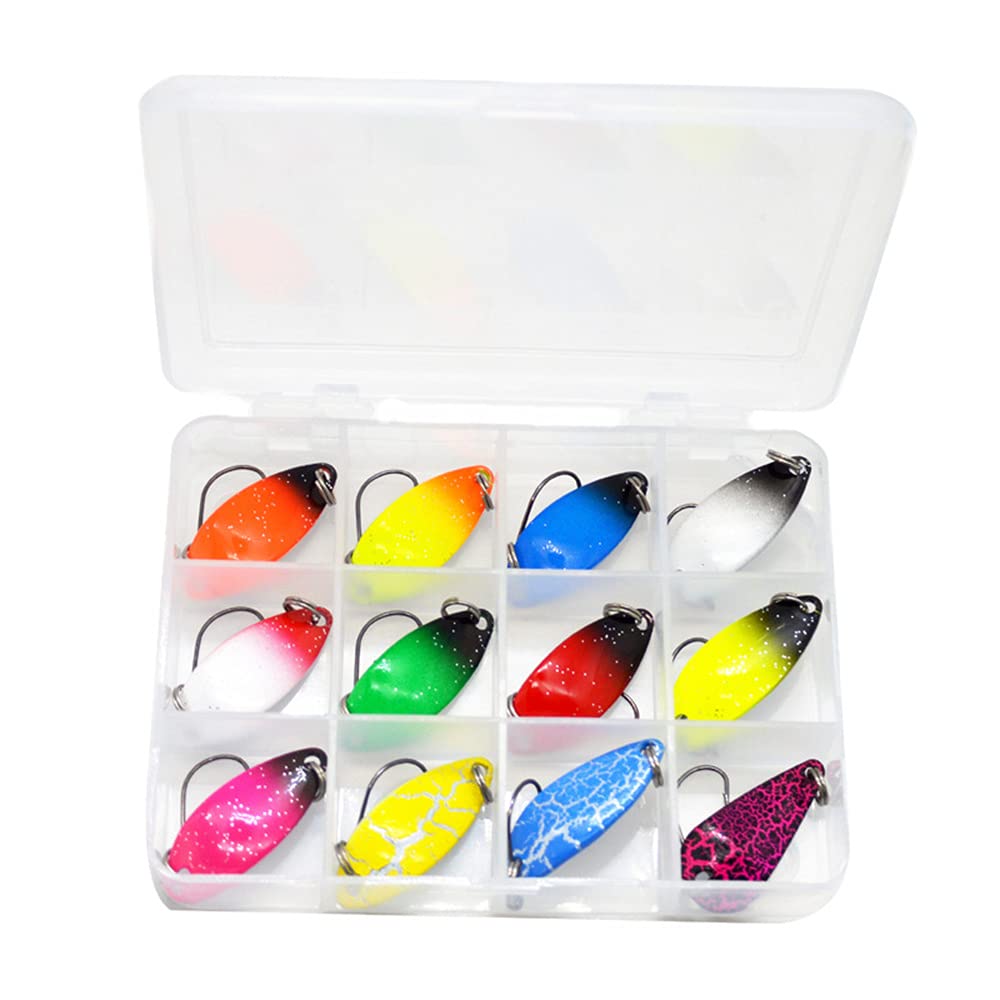 12pcs Fishing Lure Spinnerbait, Colourful Bait with Single Hooks Trout Spoon Set Spin Fishing Artificial Bait, Hard Metal Baits Kit with Tackle Boxes, Good Fishing Gifts for Men