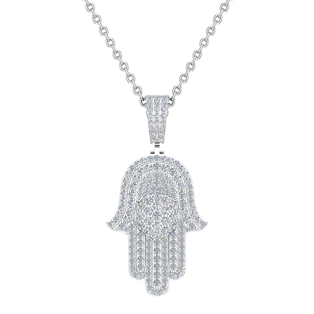 Hamsa Hand Pendant Round Brilliant Diamond Necklace for Men/Women 18K White Gold 2.00 carat (G,VS1)