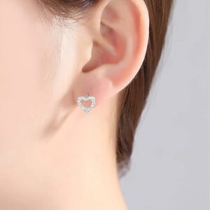 CZ Heart Shaped Small Hoop Cartilage Earrings for Women 925 Sterling Silver Pink Cubic Zirconia Hypoallergenic Tiny Hollow Love Huggie Hoops Dainty Birthday Wedding Christmas Holiday Jewelry Gifts (Silver Plated Clear CZ)