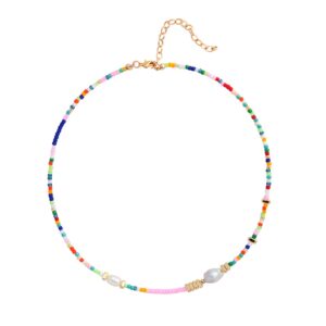 Wellike Colorful Beaded Necklace for Women Real Freshwater Pearl Beaded Choker, Dainty Gold Necklaces for Teen Girls 18K Gold Trendy Y2K Jewelry Gifts for Summer