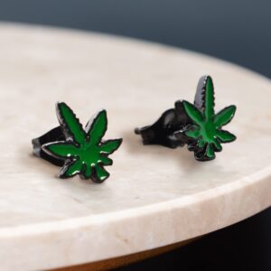 Pierce2GO Stud Earrings 316L Stainless Steel Anodized Black Ear Studs with Green Marijuana Leaf Pendant Earrings Studs for Women and Men – Marijuana Stud Earrings Set of 2