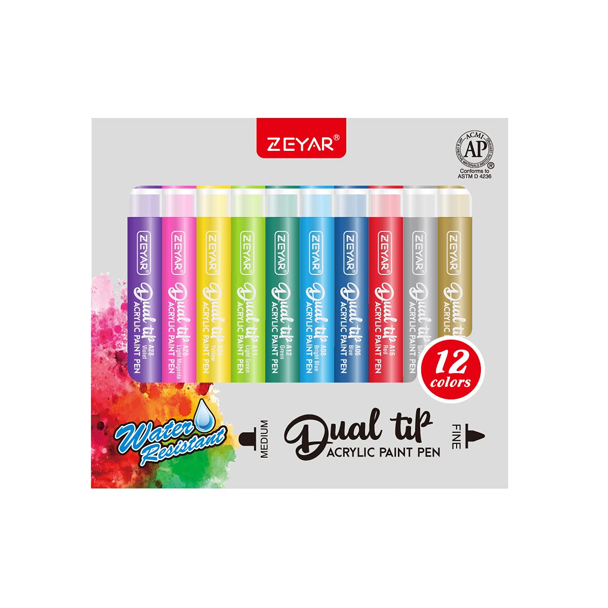 ZEYAR Dual Tip Paint Pens, Medium and Extra Fine, Water Based Acrylic & Waterproof Ink, Assorted Colors, Works on Rock, Wood, Glass, Metal, Ceramic and More (12 Colors)