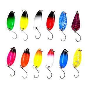 12pcs Fishing Lure Spinnerbait, Colourful Bait with Single Hooks Trout Spoon Set Spin Fishing Artificial Bait, Hard Metal Baits Kit with Tackle Boxes, Good Fishing Gifts for Men