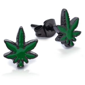 pierce2go stud earrings 316l stainless steel anodized black ear studs with green marijuana leaf pendant earrings studs for women and men – marijuana stud earrings set of 2