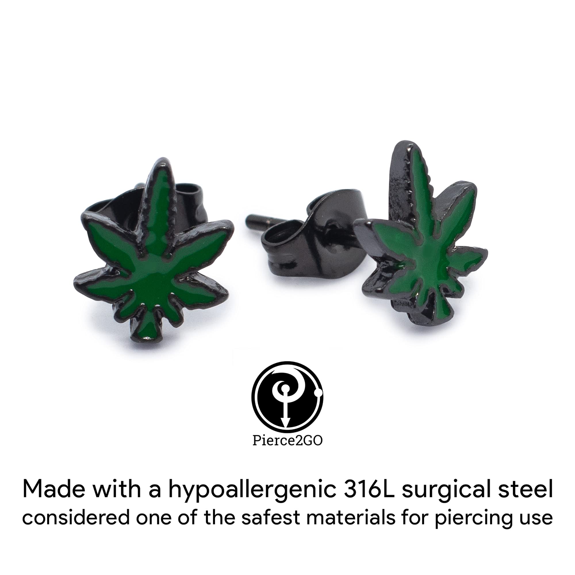 Pierce2GO Stud Earrings 316L Stainless Steel Anodized Black Ear Studs with Green Marijuana Leaf Pendant Earrings Studs for Women and Men – Marijuana Stud Earrings Set of 2