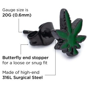 Pierce2GO Stud Earrings 316L Stainless Steel Anodized Black Ear Studs with Green Marijuana Leaf Pendant Earrings Studs for Women and Men – Marijuana Stud Earrings Set of 2