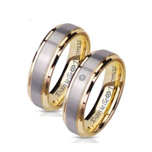 Personalized Two Tone Brushed Silver & Gold Ring Set Custom Engraved Free - Couple's Ring Set - Wedding Band Set - Ships From USA