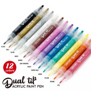 ZEYAR Dual Tip Paint Pens, Medium and Extra Fine, Water Based Acrylic & Waterproof Ink, Assorted Colors, Works on Rock, Wood, Glass, Metal, Ceramic and More (12 Colors)