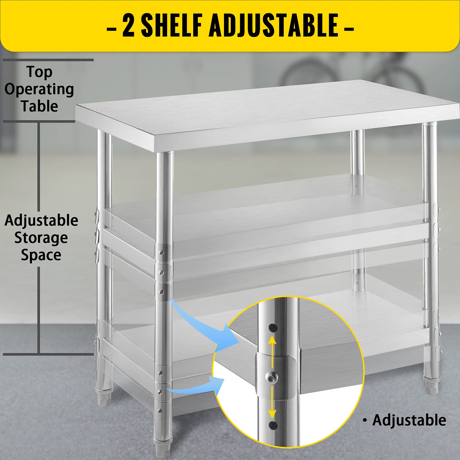 VEVOR Outdoor Food Prep Table, 24x14x33 in Commercial Stainless Steel Table, 2 Adjustable Undershelf BBQ Prep Table, Heavy Duty Kitchen Work Table, for Garage, Home, Warehouse, and Kitchen Silver