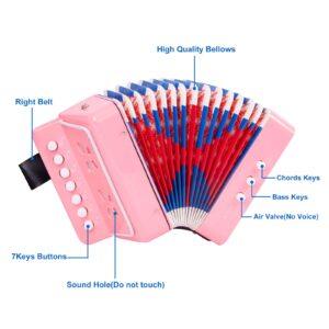 Accordion Mini Musical Instruments 7 Keys Button for Beginners Adults Pink